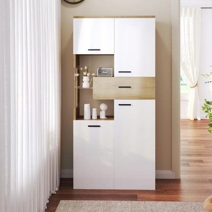 Buffet,Meuble de cuisine rangement,buffet Blanc avec 4 portes et 1 tiroir, buffet avec éclairage LED,Armoires avec éclairage, meubles avec portes vitrées,mobilier moderne 150 x 40 x 78 cm,vitrine