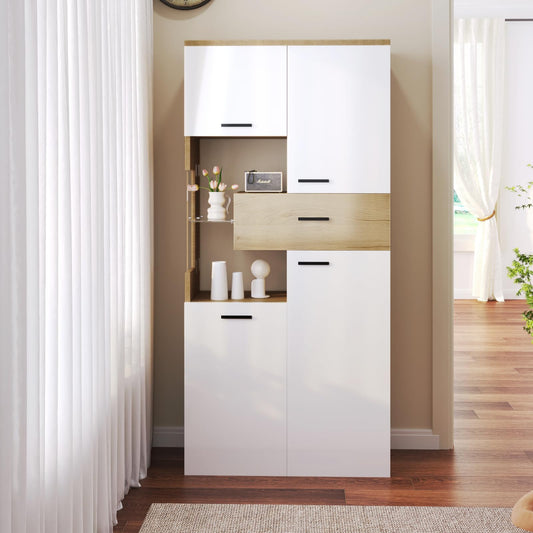 Buffet,Meuble de cuisine rangement,buffet Blanc avec 4 portes et 1 tiroir, buffet avec éclairage LED,Armoires avec éclairage, meubles avec portes vitrées,mobilier moderne 150 x 40 x 78 cm,vitrine