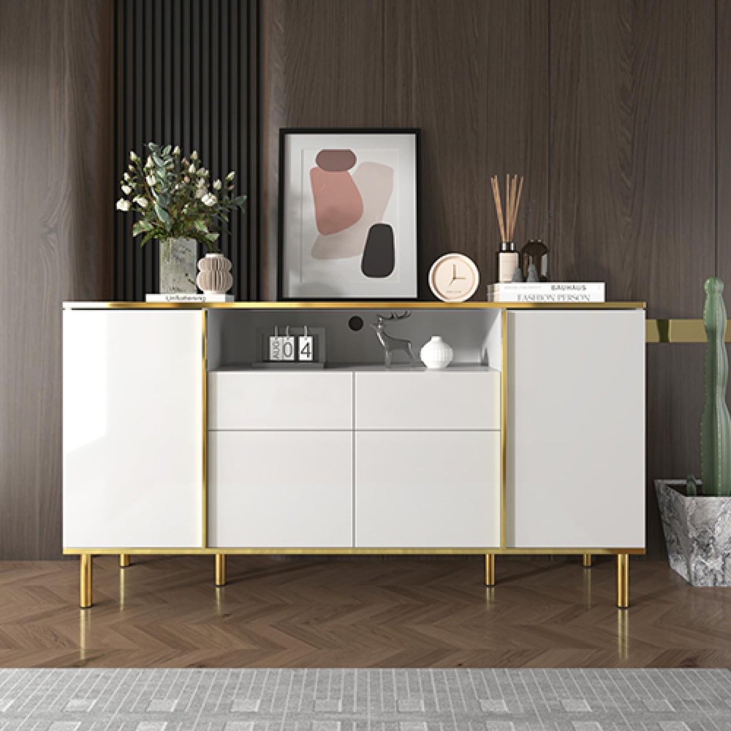 Peiaw Buffet,bahut Salon,Buffet avec 4 Portes et 2 tiroirs,Buffet avec éclairage LED,Meuble Chambre,Meuble Rangement Cuisine 150 x 40 x 80 cm,Commode de Style Moderne,Buffet avec Rangement Ouvert