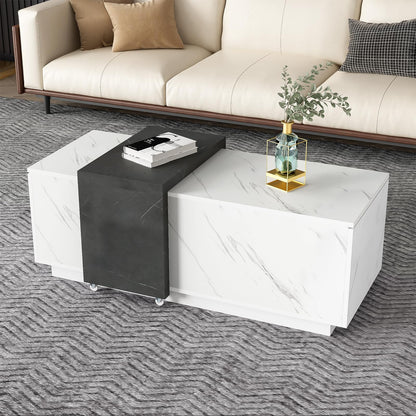 Table basse,Table de salon, aspect marbre blanc, table basse mobile en marbre noir, deux portes de placard, avec charnières amortissantes, avec espace de rangement, table basse de 110 x 50 x 40 cm