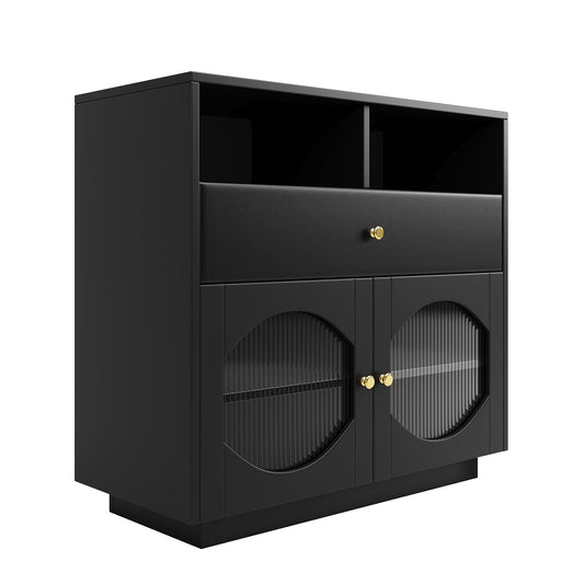 Sideboard Mit Glastür, Küchenschrank Mit Schublade aus PU-Leder, Kommode Modern, Mehrzweckschrank für Wohnzimmer, Esszimmer, Hohe Tragfähigkeit, 100 x 90.5 x 40 cm (B/H/T)