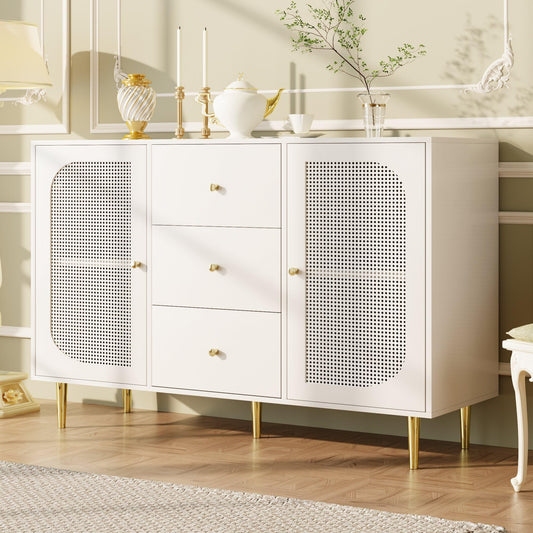SHUGUANG Buffet Salon Blanc, Porte Élégante en Rotin PE, Meuble de Rangement Minimaliste Moderne avec Tiroir et Étagère Réglable, Armoire Indépendante en Bois, Buffet de Cuisine, 120 x 40 x 90 cm