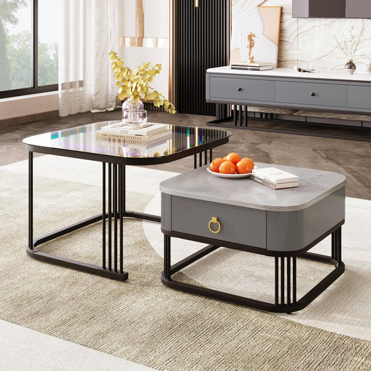 Peiaw Table Basse,Lot de 2 Tables Basses carrées,Aspect marbre Brillant Gris et Plateau en Verre,Noir Structure en métal et poignée dorée,avec tiroirs,Table de Salon 60x60x45cm & 50x50x34cm