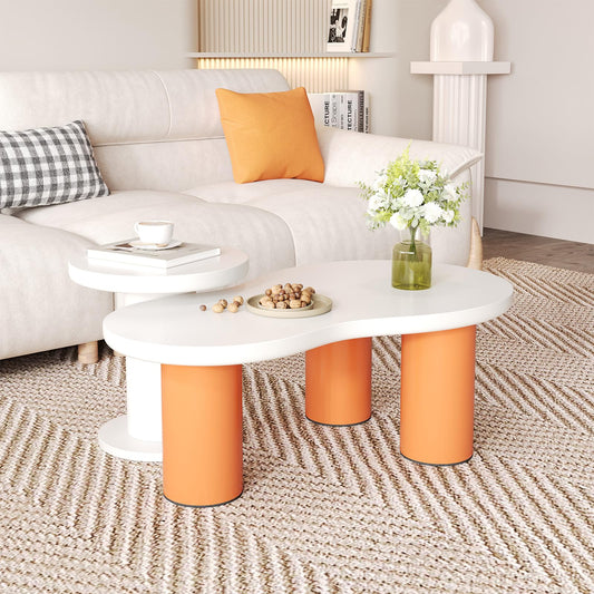 Peiaw Table Basse,Table Basse Minimaliste Moderne,Ensemble de Table Basse en Forme de Nuage,Table Basse Blanche et Orange,Colonne de Support cylindrique,Table Basse 39,8x39,8x42,2 + 99,5x58x35,5 cm