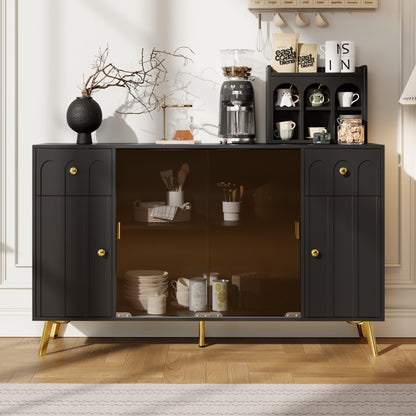 SHUGUANG Buffet Commode Bahut Vaisselier avec Verre Marron, Poignées et Pieds en Métal, Moderne Noir Buffet avec Panneaux Incurvés, Meuble de Rangement pour Salle à Manger/Salon, 150 x 30 x 89,7 cm