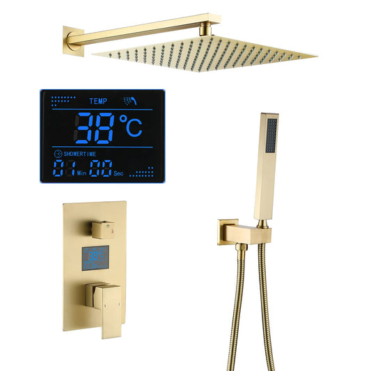 Colonne de Douche Dorée Brossé Ensemble de Douche Encastrable Système de Douche Mural Colonne Douche avec Affichage Numérique, 30 cm * 30 cm Tête de Douche, Douchette à Mains