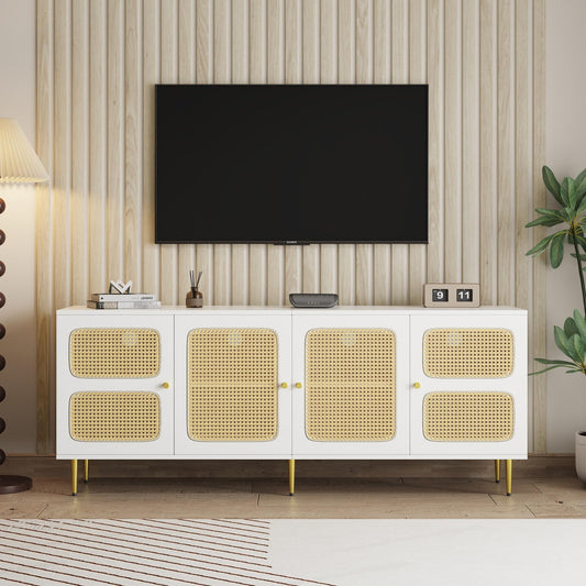 Meuble TV Blanc Banc TV en Rotin avec 4 Portes en Rotin,pour Téléviseurs Jusqu'à 80 pouces,180x40x72cm, Meubles TV élégants pour Salon Chambre,étagères réglables en Hauteur, Grand Espace de Rangement