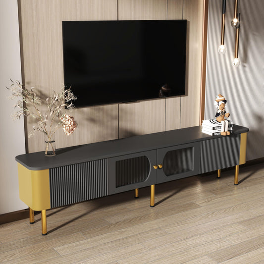 Meuble TV Moderne 170 cm Banc TV pour Téléviseurs Jusqu'à 65 Pouces, Tiroirs et Panneaux de Porte de Forme Spéciale, Poignées et Pieds Dorés, Forme D'arc, Élégant Luxueux Meuble Salon, Meuble TV Bas