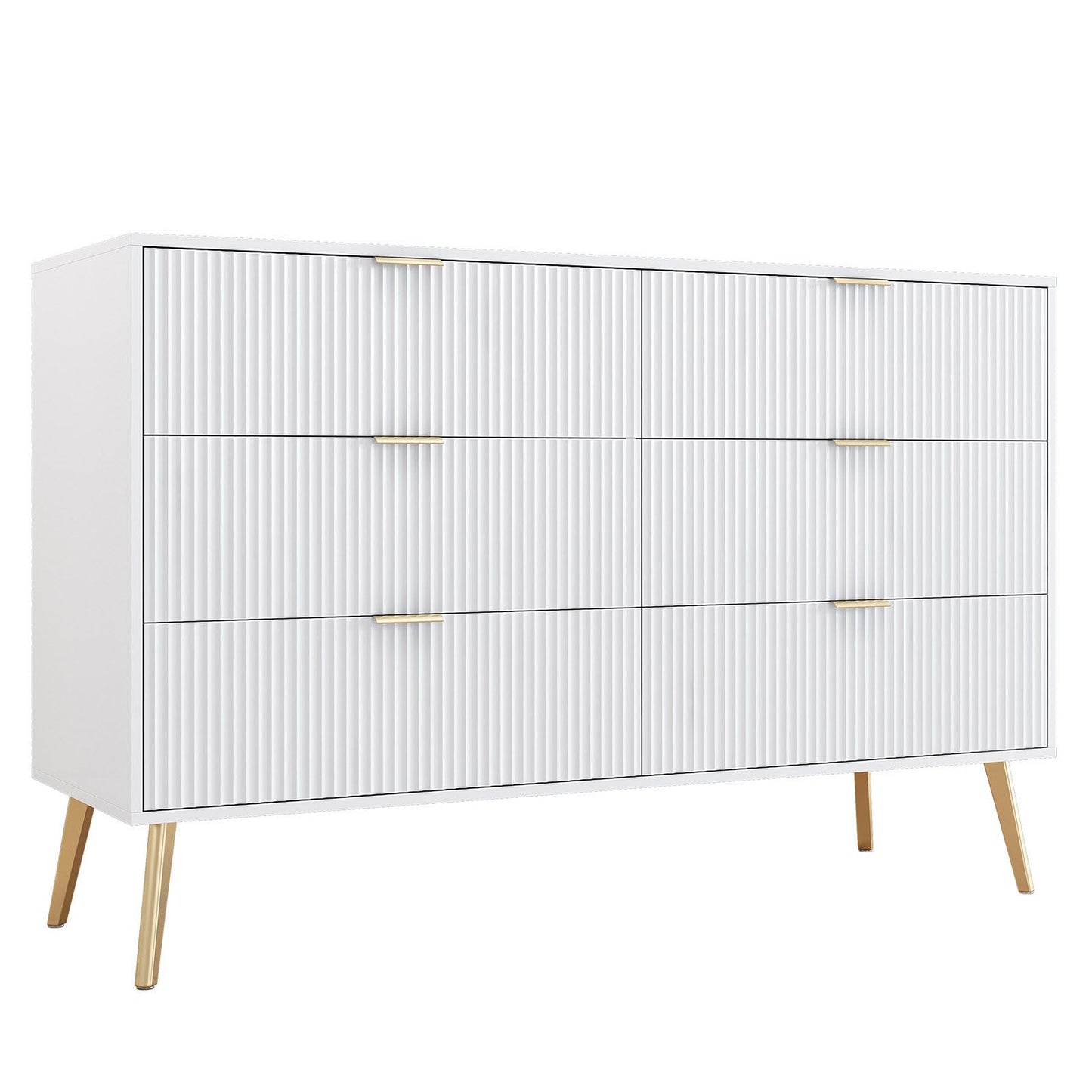 Sideboard Weiß Modernes, Kommode 6 Schubladen, Küchenschrank mit Vergoldeten Beinen und Griffen, Mehrzweckschrank Große Kapazität, 120 x 78 x 40 cm (B/H/T), für Schlafzimmer, Wohnzimmer, Esszimmer