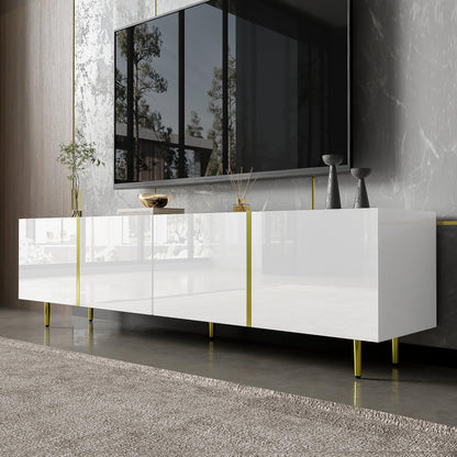 Meuble TV Moderne et Simple, 170 cm Banc TV Brillant avec Quatre Portes, Accents Dorés, Console Multimédia TV pour Les TV jusqu'à 70", Grand Espace de Rangement, Meuble Salon, Facile à Assembler