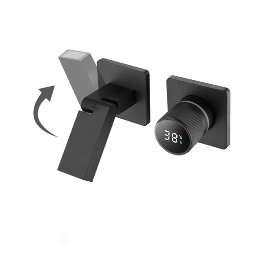 Robinet De Salle De Bain Avec Affichage Numérique LED, Robinet Lavabo Mural Pliable À 180° Mitigeur De Lavabo Robinets Cascade De Baignoire Avec L’Eau Froide & Chaude