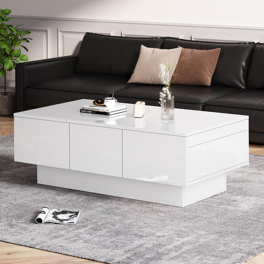 Peiaw Table Basse,Table Basse Blanche à Haute Brillance,Table Basse avec Fonction coulissante,Table Basse avec Deux tiroirs et Deux Compartiments de Rangement cachés,Table Basse 100 x 55 x 35 cm
