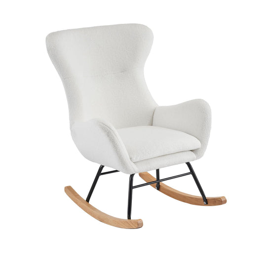 Fauteuil à Bascule, Allaitement Rocking Chair Épaissir Rembourré, Scandinave Velours Peluche Chaise Loisir avec Pieds en Bois Massif, Capacité 150 kg, pour Salon, Chambre, Balcon, 96x68x90cm