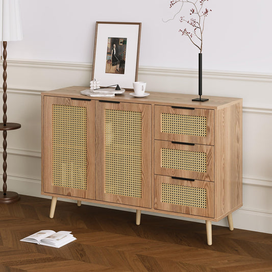 Buffet Vintage Rotin Style Bohème Bahut avec 2 Portes et 3 Tiroirs, Équipé de Poignées Noires, Armoire de Style Maison de Campagne pour Salle à Manger, Cuisine, Entrée, Salon (Bois Naturel/Noyer)