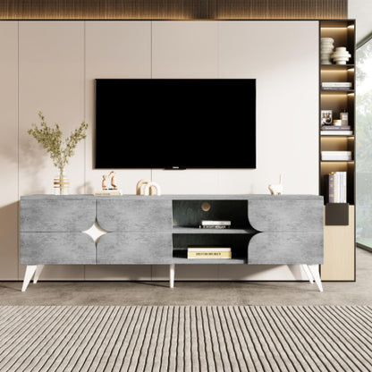 Meuble TV, Gris Ciment avec Meuble TV Blanc, Meuble TV à Compartiment Ouvert, Banc TV jusqu'à 50-59 Pouces, Meuble TV avec Portes d'armoire à Trois pétales, Taille du Meuble TV du Salon 160X40X51cm