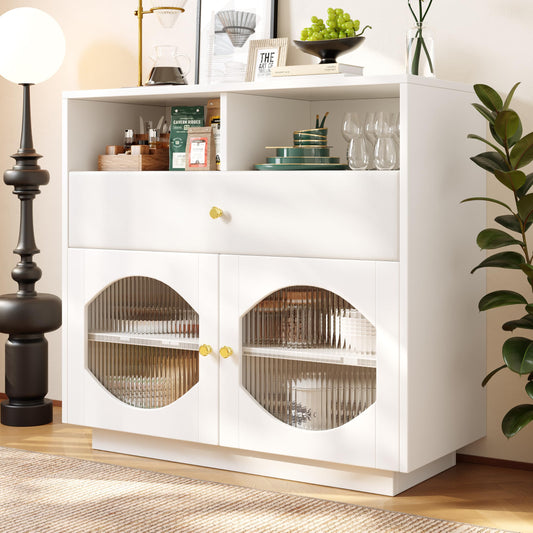 Buffet Salon avec Portes en Verre, Meuble de Cuisine Moderne de Luxe avec 1 Tiroir, 2 Portes et 2 Cloisons Ouvertes, Bahut Buffet de Salle à Manger, 100 × 40 × 90,5cm, Facile à Assembler, Blanc/Noir