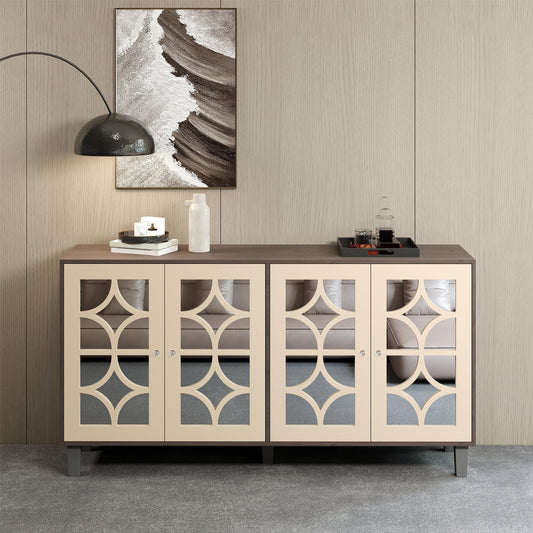 Buffet Moderne avec 4 Portes Miroir, Buffet Miroir avec Poignées en Cristal Froid, Stratifié Mobile, Armoire de Cuisine, Bahut pour Salon et Salle à manger, 160 x 40 x 85 cm, Blanc/Bois et Marron