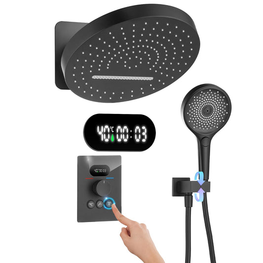 OihPaw Ensemble de Douche Encastré Colonne Douche Thermostatique Noir Système de Douche avec Affichage Numérique LED, 32CM Cascade et Pluie Tête de Douche Rond