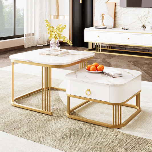 Peiaw Table Basse,Lot de 2 Tables Basses carrées,Aspect marbre Brillant Blanc,Or Structure en métal et poignée dorée,Ensemble de Tables de Salon avec tiroirs,Table de Salon 60x60x45cm & 50x50x34cm
