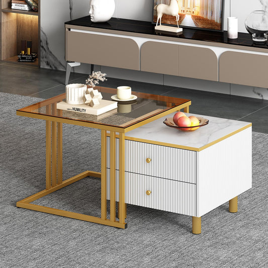 Table Basse,Lot de 2 Tables Basses carrées,Aspect marbre Brillant Blanc et Plateau en Verre,Or Structure en métal et poignée dorée,avec Deux tiroirs,Table de Salon 59,5x60x45,6cm & 50x50x40cm