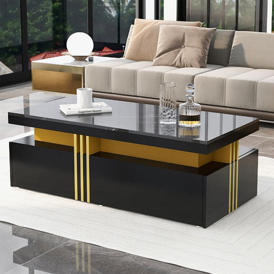 Peiaw Table Basse,Table Basse Salon,Table Basse en marbre Noir,Table Basse rectangulaire Moderne,Table Basse avec 2 tiroirs en Bois,Bordure dorée métallisée sur Le côté,Table Basse 100 x 50 x 40cm