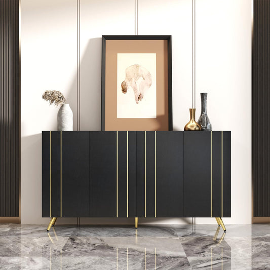 Buffet cuisine,Armoire multifonctionnelle,meuble de salon noir,Buffet moderne en bois,Buffet 4 portes,pieds dorés,bande de métal doré,Salon cuisine salle à manger meuble de rangement 160x38x80 cm