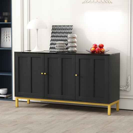 Peiaw Buffet,Armoire de Cuisine, Meuble de Rangement,Buffet de Table en marbre Noir,avec 3 Portes,Buffet avec poignées dorées et Pieds dorés,140 x 39.8X 78.2 cm,pour Cuisine,Salon et Salle à Manger