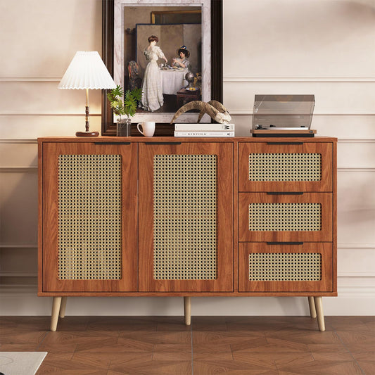 Meuble de Rangement, Buffet de Cuisine avec 2 Portes et 3 Tiroirs, Armoire de Salon Conception de Tissage en Rotin, Étagère Rangement Étagères Réglables, Poignée en Métal Peint, 120x38x78cm