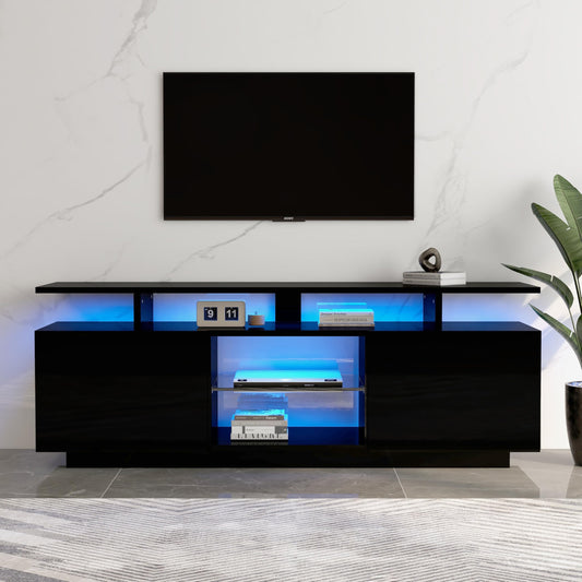 Meuble TV LED Moderne 140 cm Long pour TV de 60 Pouces, Bande Lumineuse 16 Couleurs, Panneau de Porte Brillant avec Compartiment en Verre, Meuble Salon de Minimaliste Élégant, Facile à Assembler