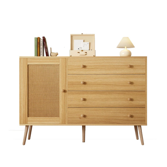 Sideboard 1 Tür und 4 Schubladen, Kommode Gewebte Rattanstruktur, Mehrzweckschrank Hohe Tragfähigkeit, Küchenschrank Minimalistisches Design, Schubladenschrank Holzoptik, 120 x 83 x 40 cm (B/H/T)