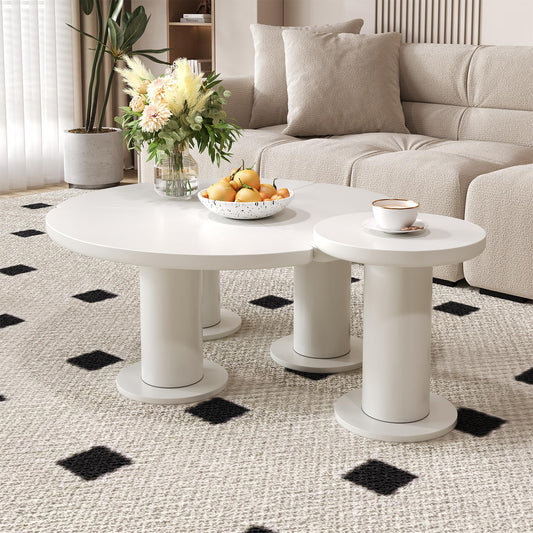 Peiaw Table Basse,Table Basse Minimaliste Moderne,Ensemble de Table Basse Ronde,Table Basse Style crème Blanc,Colonne de Support cylindrique,Table Basse 39,8 x 39,8 x 42,2 + 100 x 100 x 40 cm