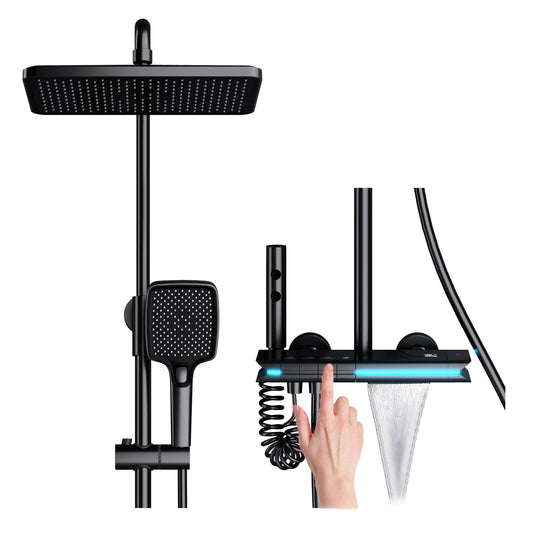 OihPaw Colonne de Douche Noir Thermostatique avec Mitigeur, Système de Douche Affichage Numérique Kit de Douche Réglable Hauteur Ensemble Douche avec Douche de Tête,Pommeau de Douche