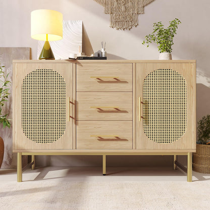 Buffet,Meuble de Rangement,Armoires de cuisine,Buffet avec 3 tiroirs et 2 portes en rotin, étagères réglables,Commode avec poignées et pieds en métal,Protection anti-basculement,120 x 40 x 74 cm