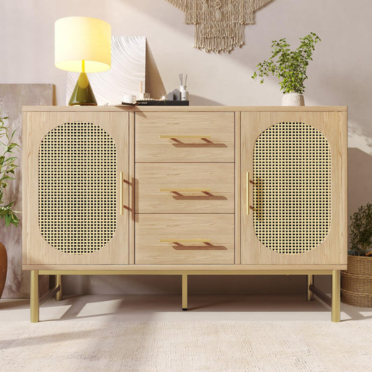 Buffet,Meuble de Rangement,Armoires de cuisine,Buffet avec 3 tiroirs et 2 portes en rotin, étagères réglables,Commode avec poignées et pieds en métal,Protection anti-basculement,120 x 40 x 74 cm