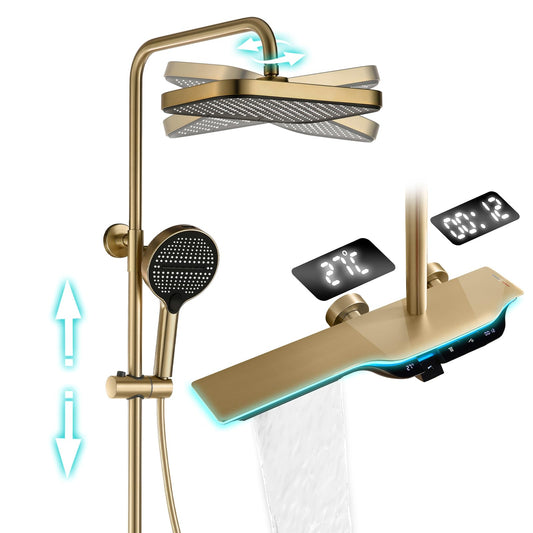 Colonne de Douche Thermostatique Colonne Douche Salle de Bain Affichage Numérique Colonne de Douche avec Mitigeur, Or Brossé Hauteur RéGlable Ensemble de Douche avec Douchette