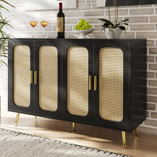 Buffet de Salon Simple et Moderne, Bahut Latérale en Rotin, Armoire de Buffet Bois Indépendante, Armoire de Cuisine, Poignées et Pieds Dorés, Conception Anti-basculement, Noir, 120 x 30 x 89 cm