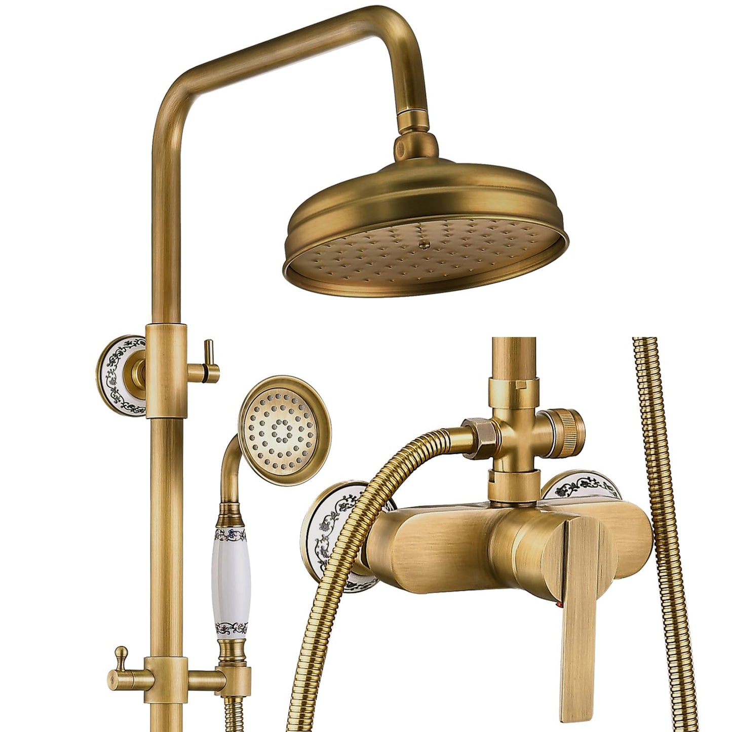 Colonne de Douche Rétro avec Mitigeur, Système de Douche Laiton Antique Ensemble de Douche Montage Mural Set de Douche avec Rotatif 20 cm Tête de Douche, Douchette à Mains