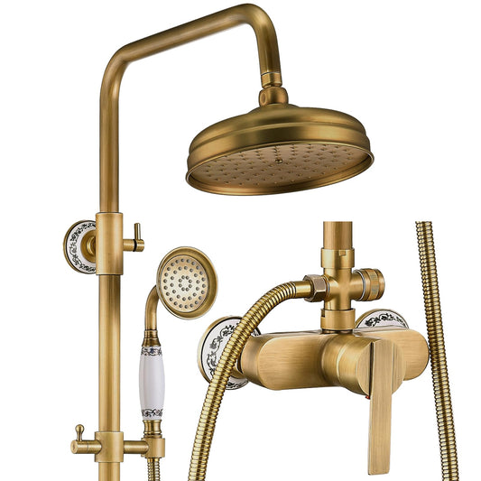 Colonne de Douche Rétro avec Mitigeur, Système de Douche Laiton Antique Ensemble de Douche Montage Mural Set de Douche avec Rotatif 20 cm Tête de Douche, Douchette à Mains