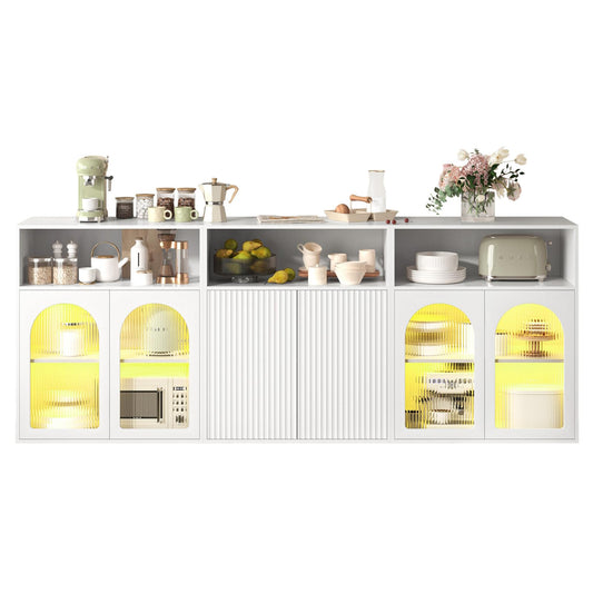 Buffet de Cuisine, Armoire de Salon Avec Éclairage LED, Bibliothèque Étagères Réglables, Meuble de Rangement Surface Anti-rayures, Vaisselier Cuisine, Portes Vitrées et Portes Blister, 210 x 35 x 90cm