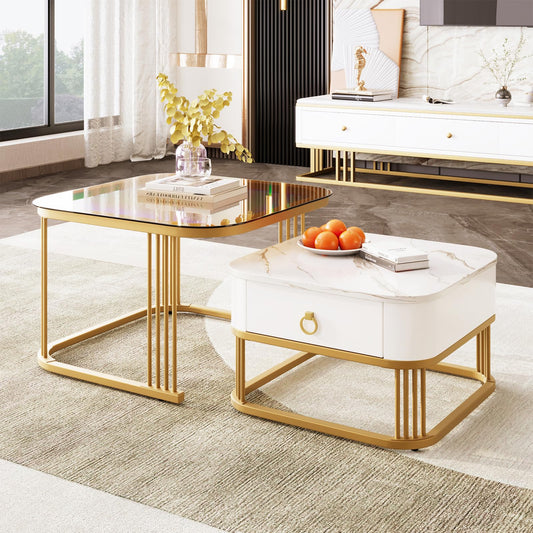 Table Basse,Lot de 2 Tables Basses carrées,Aspect marbre Brillant Blanc et Plateau en Verre Brun thé,Or Structure en métal et poignée dorée,avec tiroirs,Table de Salon 60x60x45cm & 50x50x34cm