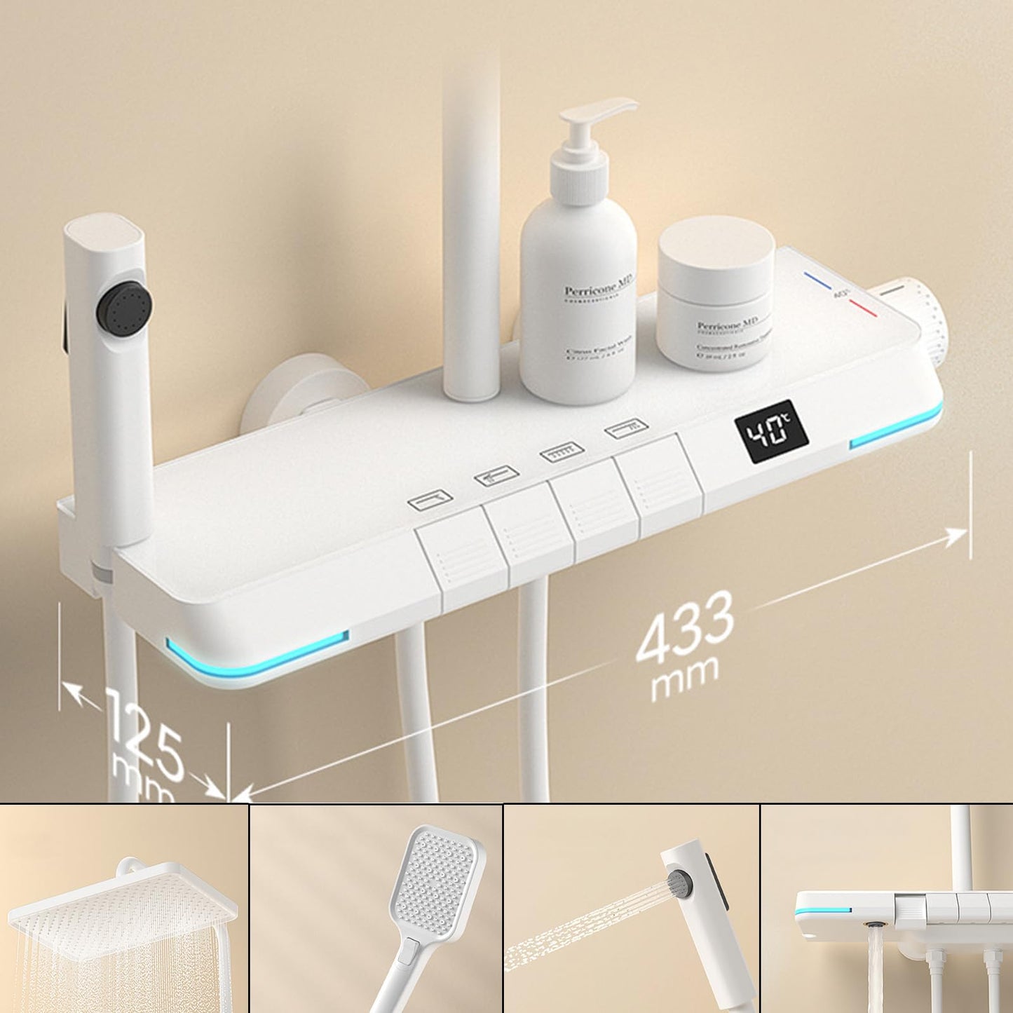 OihPaw Colonne de Douche Thermostatique Affichage Numérique Ensemble Douche 4 Fonctions Kit de Douche Système de Douche avec 30 * 20cm Douche de Tête, Pommeau Douche, Mitigeur Douche