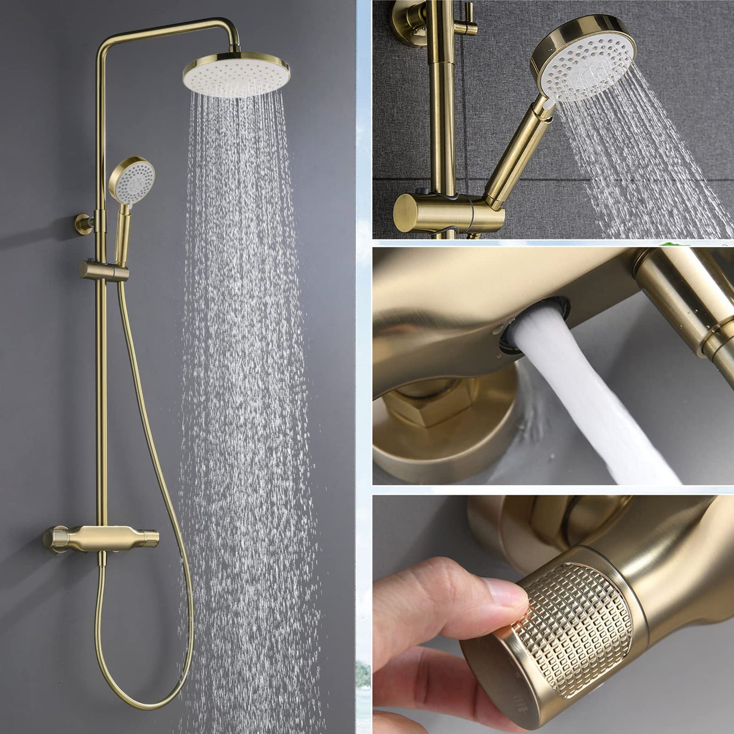 Colonne de Douche Or Brossé Mural Système de Douche avec Mitigeur Set de Douche Réglable en Hauteur Ensemble de Douche Chaude et Froide Kit de Douche, Inclure Tête de Douche 23cm, Douchette 3 Jets