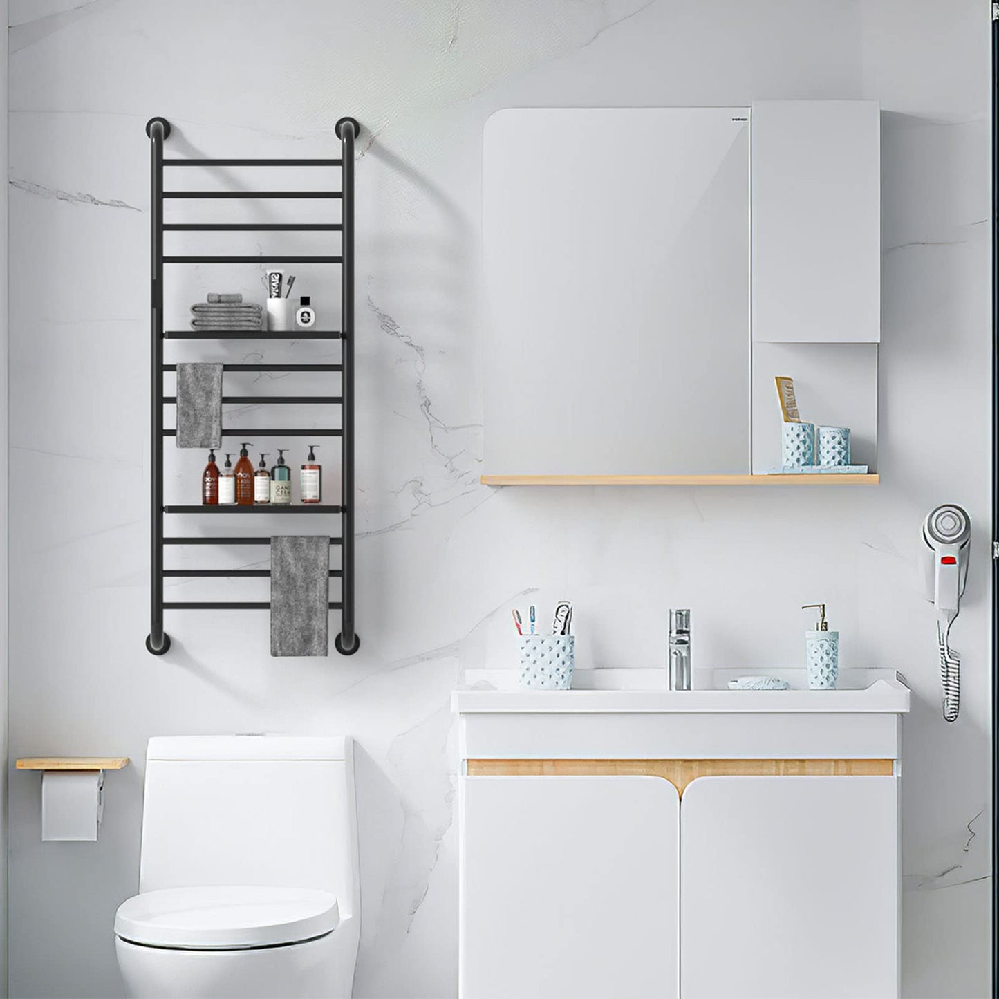 Sèche-Serviette Électrique Mural, 200W 1300 * 500mm Porte-Serviettes Chauffant avec 2 étagère, Chauffe-Serviettes Électrique avec Thermostat Minuterie, Radiateur de Salle de Bain, Noir