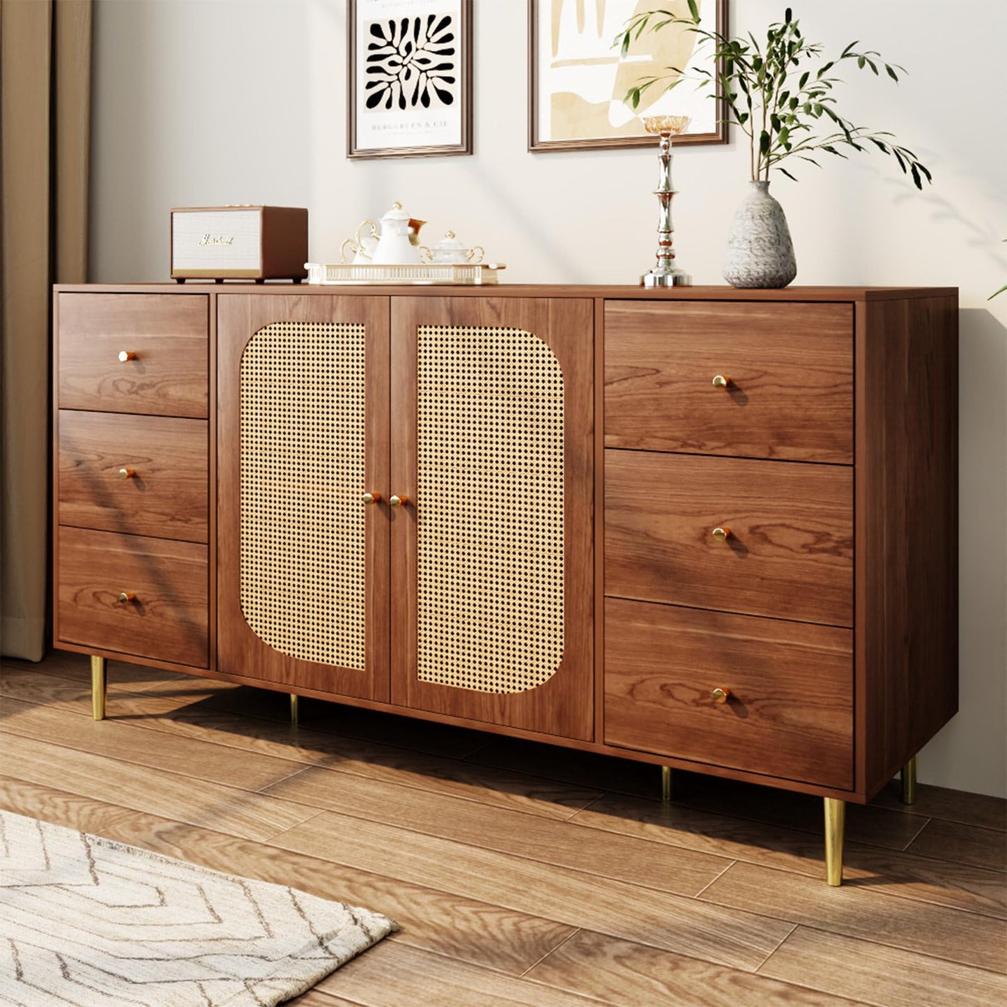 Sideboard, Kommode, Küchenschrank Rattan-Schranktür, Mehrzweckschrank mit 2 Türen und 6 Schubladen, Schubladenschrank Kippschutz, Aufbewahrungsschrank Kratzfeste Oberfläche, 160 x 90 x 40 cm (B/H/T)