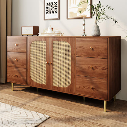 Sideboard, Kommode, Küchenschrank Rattan-Schranktür, Mehrzweckschrank mit 2 Türen und 6 Schubladen, Schubladenschrank Kippschutz, Aufbewahrungsschrank Kratzfeste Oberfläche, 160 x 90 x 40 cm (B/H/T)