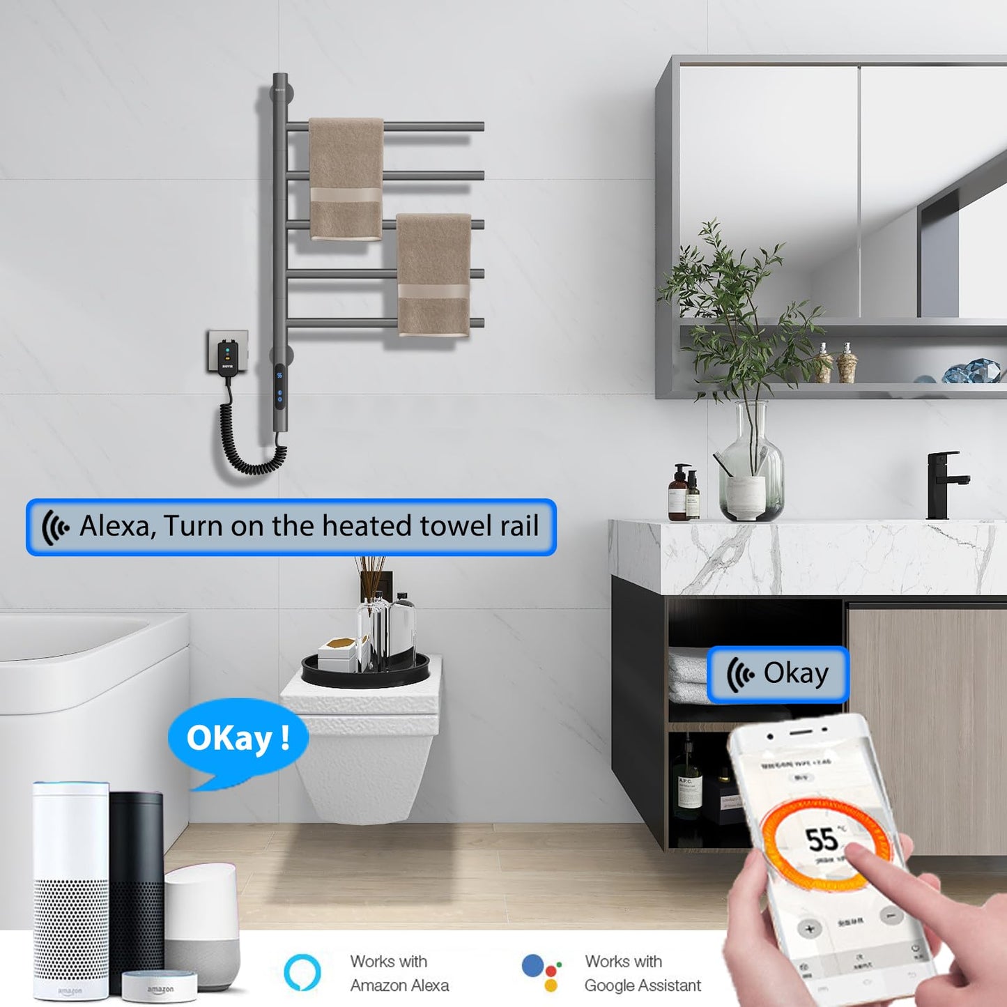 Elektrischer Handtuchtrockner, WiFi Smart Thermostat Handtuchwärmer, für Alexa und Google Home und APP, 420 x 660 mm, 180° Drehung, elektrischer Handtuchhalter, Heizkörper-WiFi Grau 