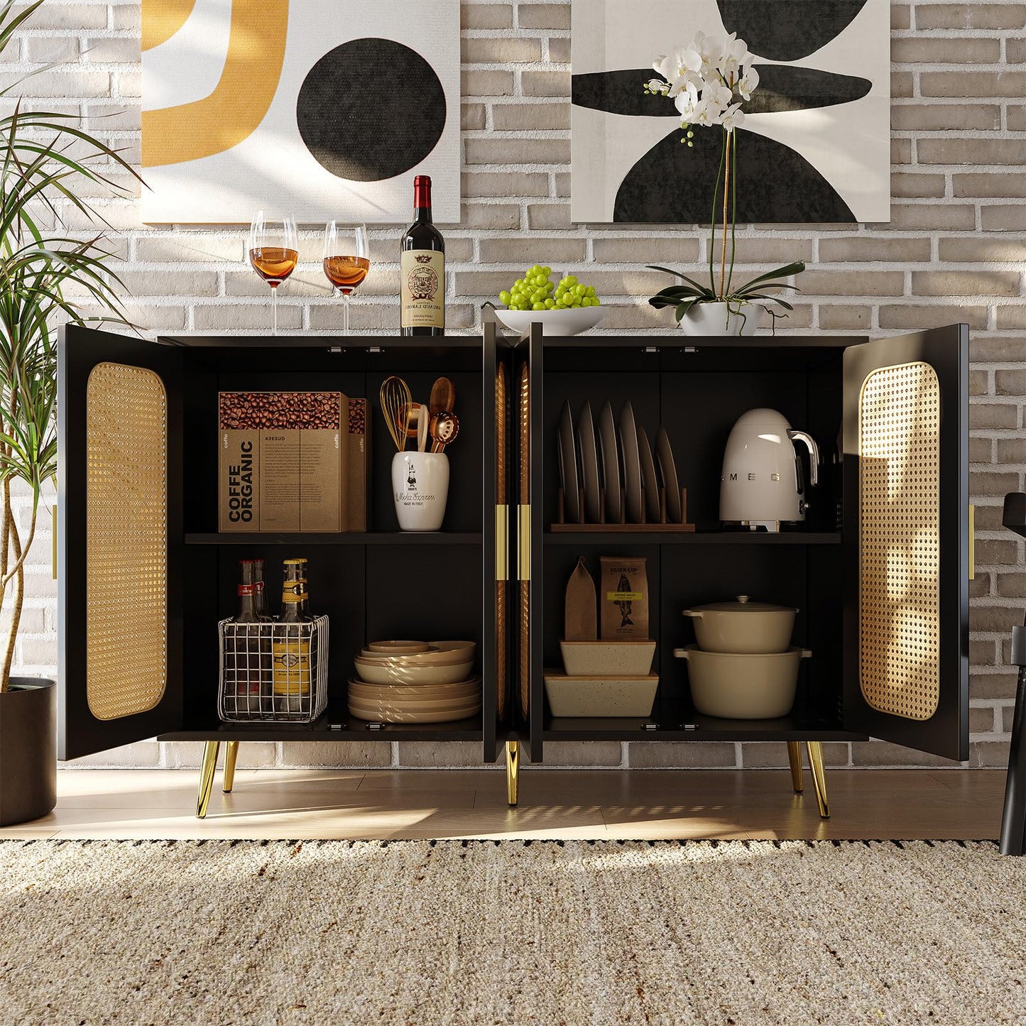 Sideboard, Kommode, Küchenschrank Rattan-Schranktür, Mehrzweckschrank mit 4 Türen, Schubladenschrank Kippschutz, Aufbewahrungsschrank Kratzfeste Oberfläche, 120 x 89 x 30 cm (B/H/T)
