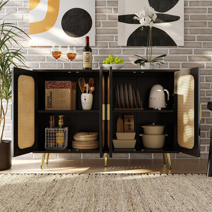 Sideboard, Kommode, Küchenschrank Rattan-Schranktür, Mehrzweckschrank mit 4 Türen, Schubladenschrank Kippschutz, Aufbewahrungsschrank Kratzfeste Oberfläche, 120 x 89 x 30 cm (B/H/T)