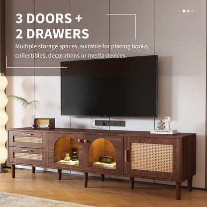 Meuble TV 180cm, Armoire De Télévision Rotin Tressé, Meuble Télé de Salon Convient Aux Téléviseurs de 80 Pouces, Table Télévision 2 Ports de Gestion des Câbles, 2 Portes 2 Tiroirs 4 Étagères Ouvertes