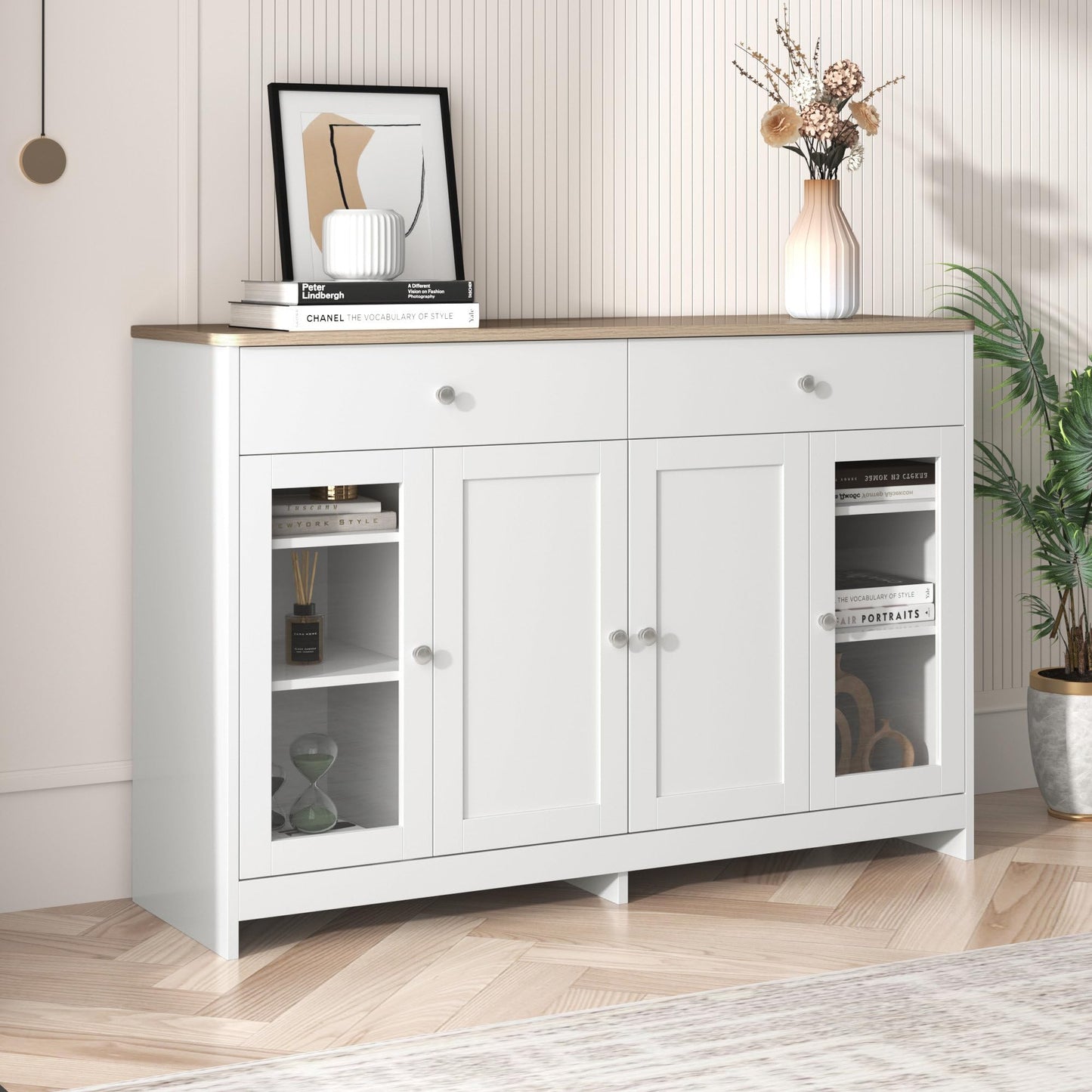 SHUGUANG 120 x 37 x 80 cm Bahut de Salle a Manger Blanc, Buffet Moderne avec 2 Tiroirs et 2 Portes D'armoire et 2 Porte D'armoire Vitrée, Armoire de Salon pour Cuisine, Salon, Salle à Manger
